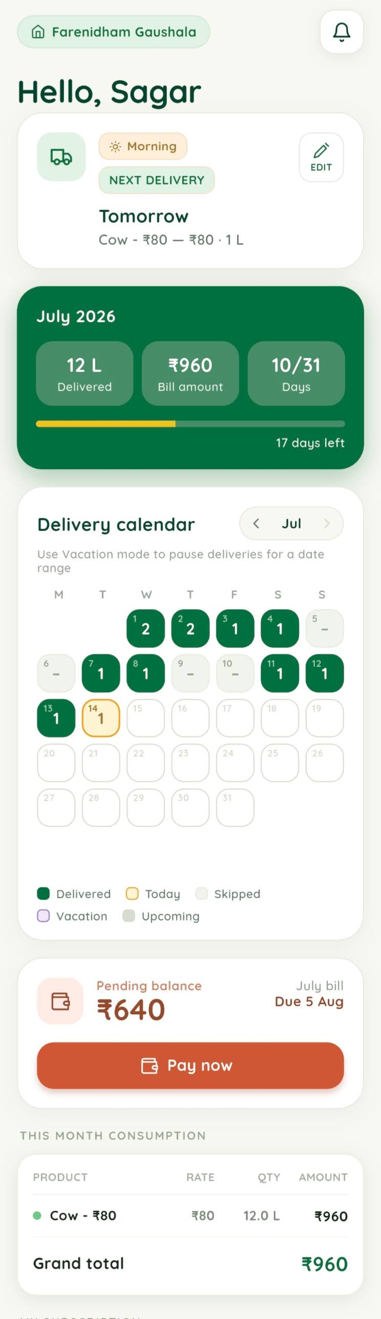 LactoSync customer app dashboard showing today's delivery, monthly bill summary, and delivery calendar